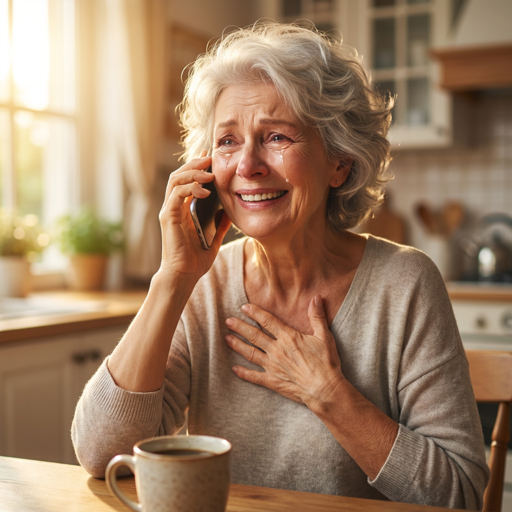 Grand-mère émue au téléphone