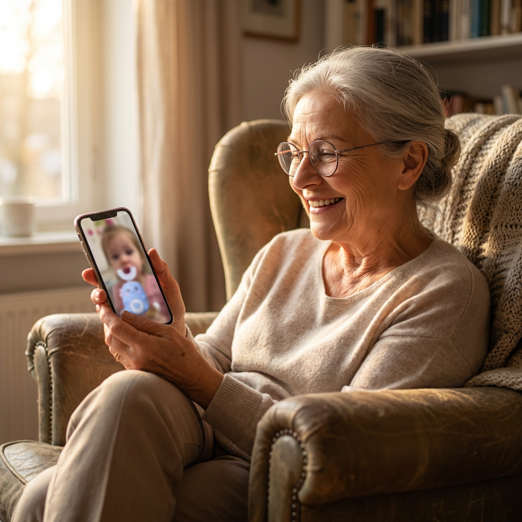 Grand-mère heureuse regardant la vidéo de son petit-fils