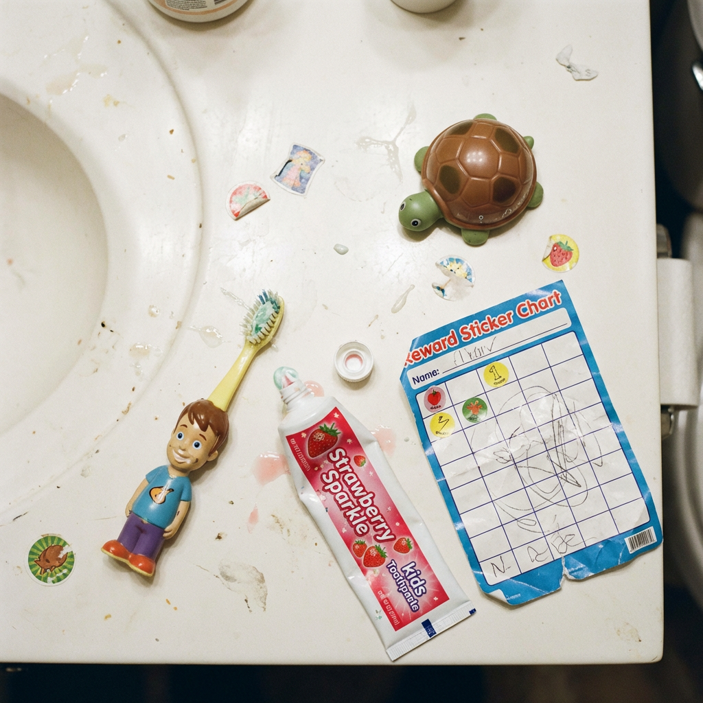 Mère fatiguée essayant de brosser les dents de son enfant