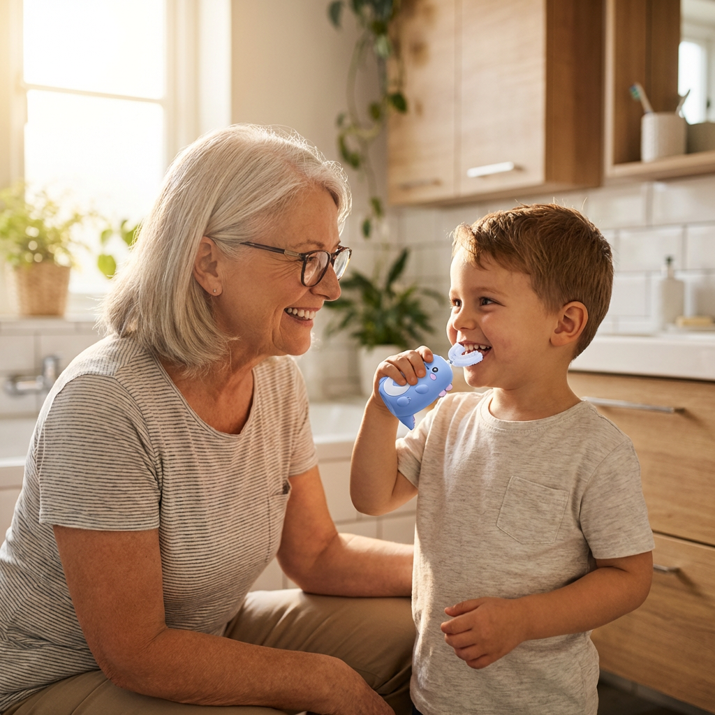 Grand-mère et petit-fils souriant pendant le brossage de dents